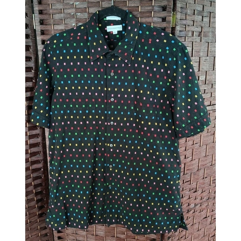 Men's Sheer Short Sleeve Button Up Shirt Large Cotton Rectangle Rainbow Colorful